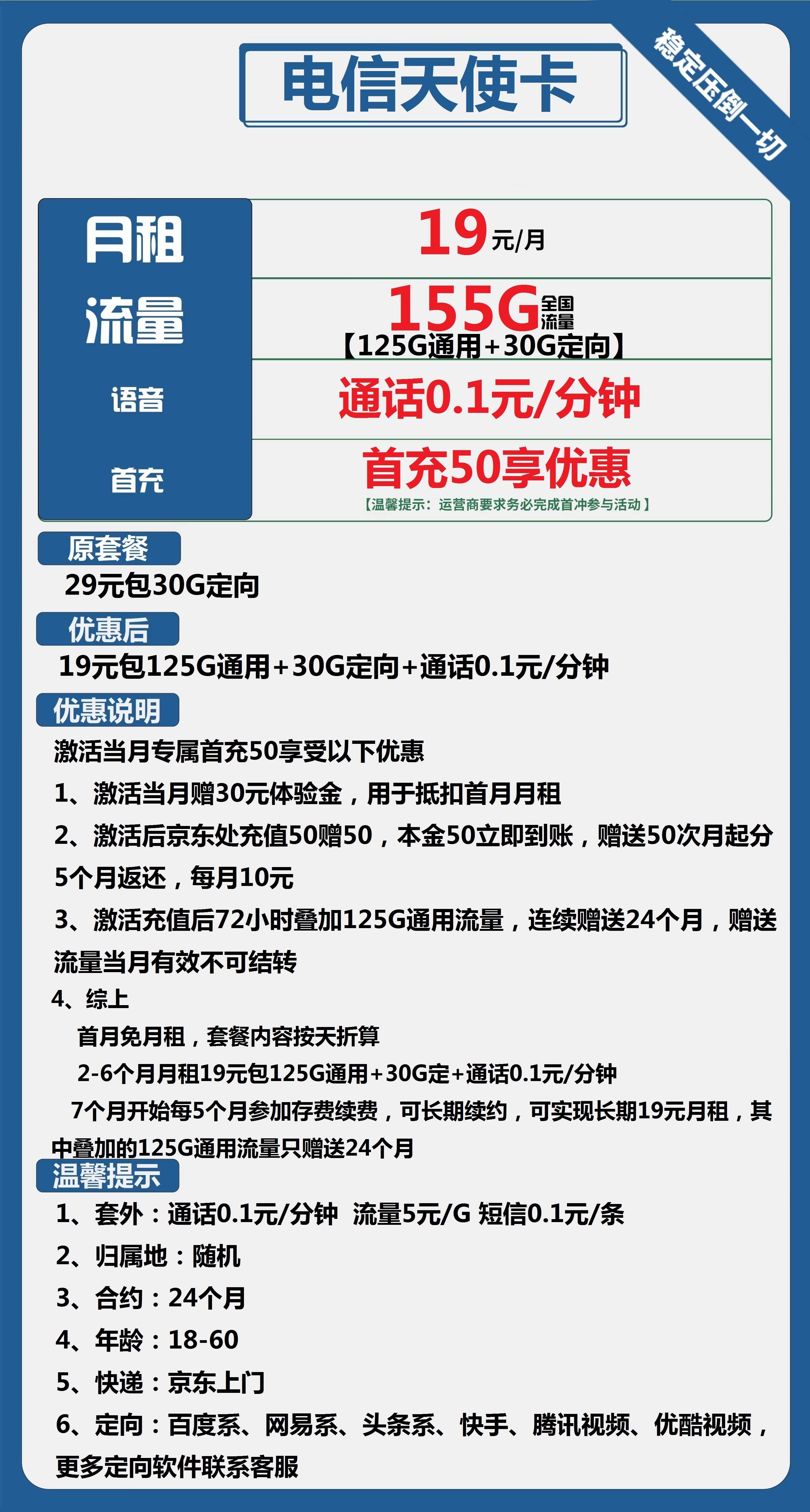 【电信天使卡】仅19元/月！享125G通用流量+30G定向流量和低价通话费