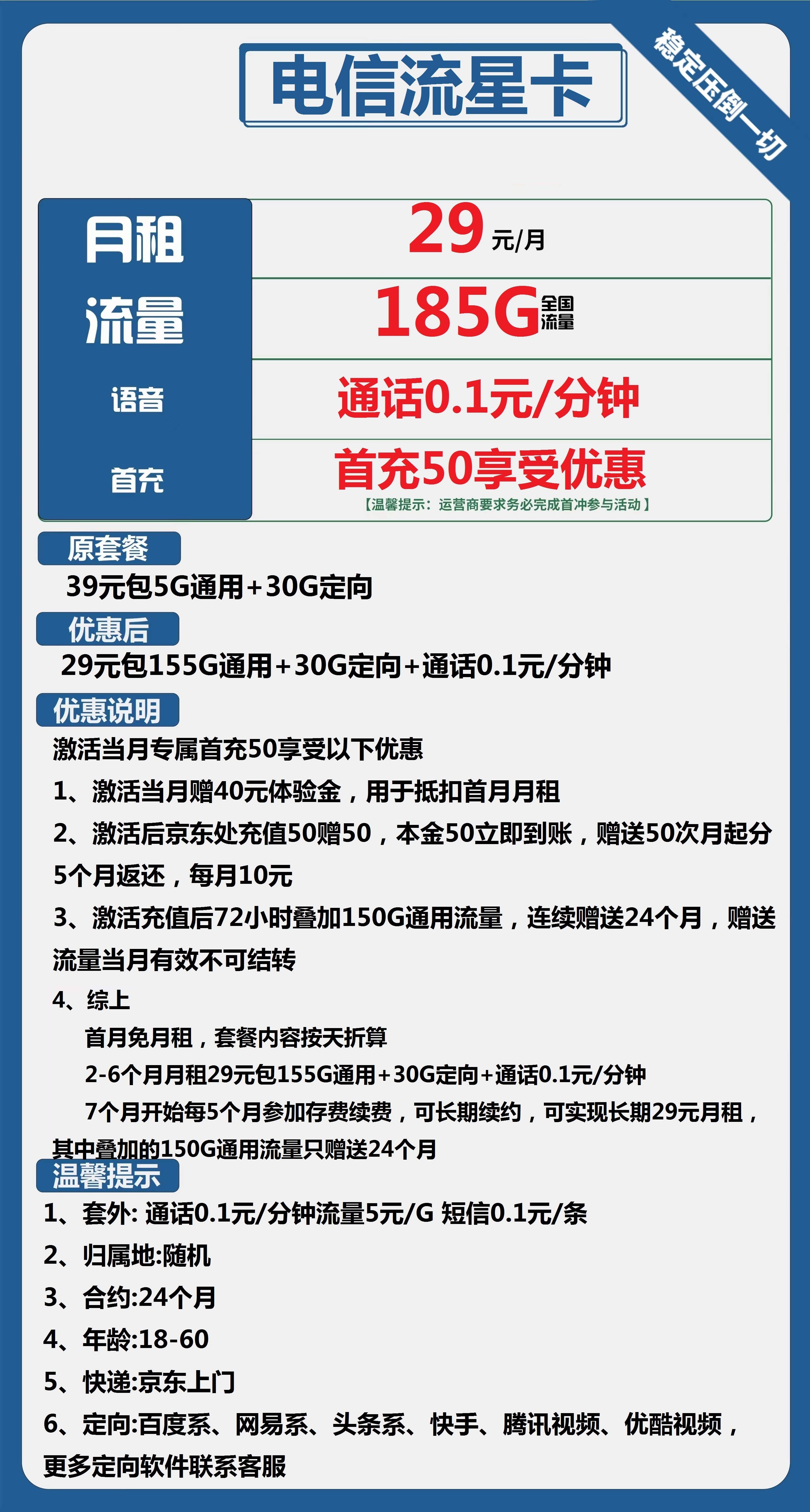 【电信流星卡】仅29元/月！155G大流量加超低通话费