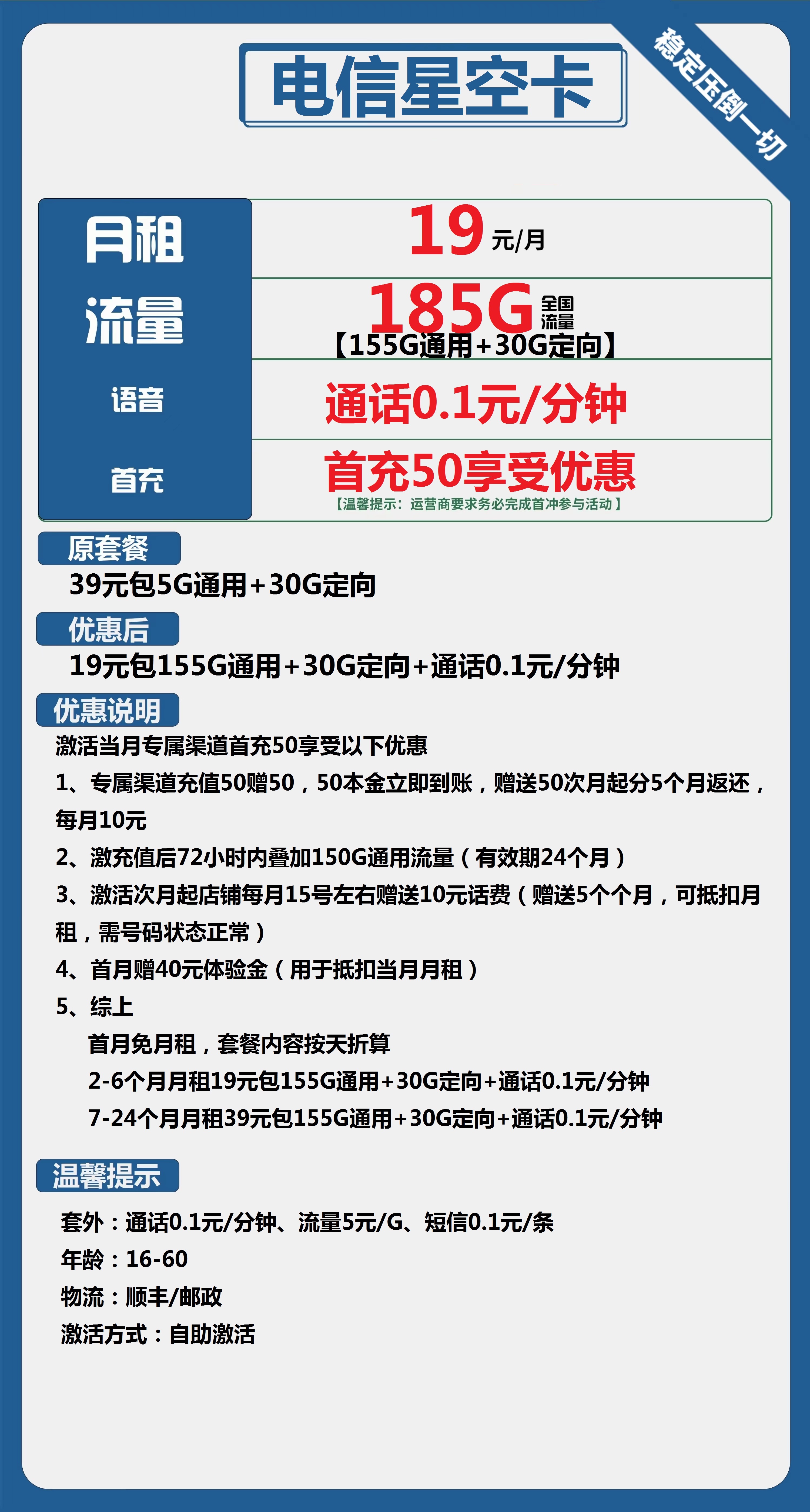 -1 【电信星空卡】仅需19元/月享185G大流量和超低通话费!