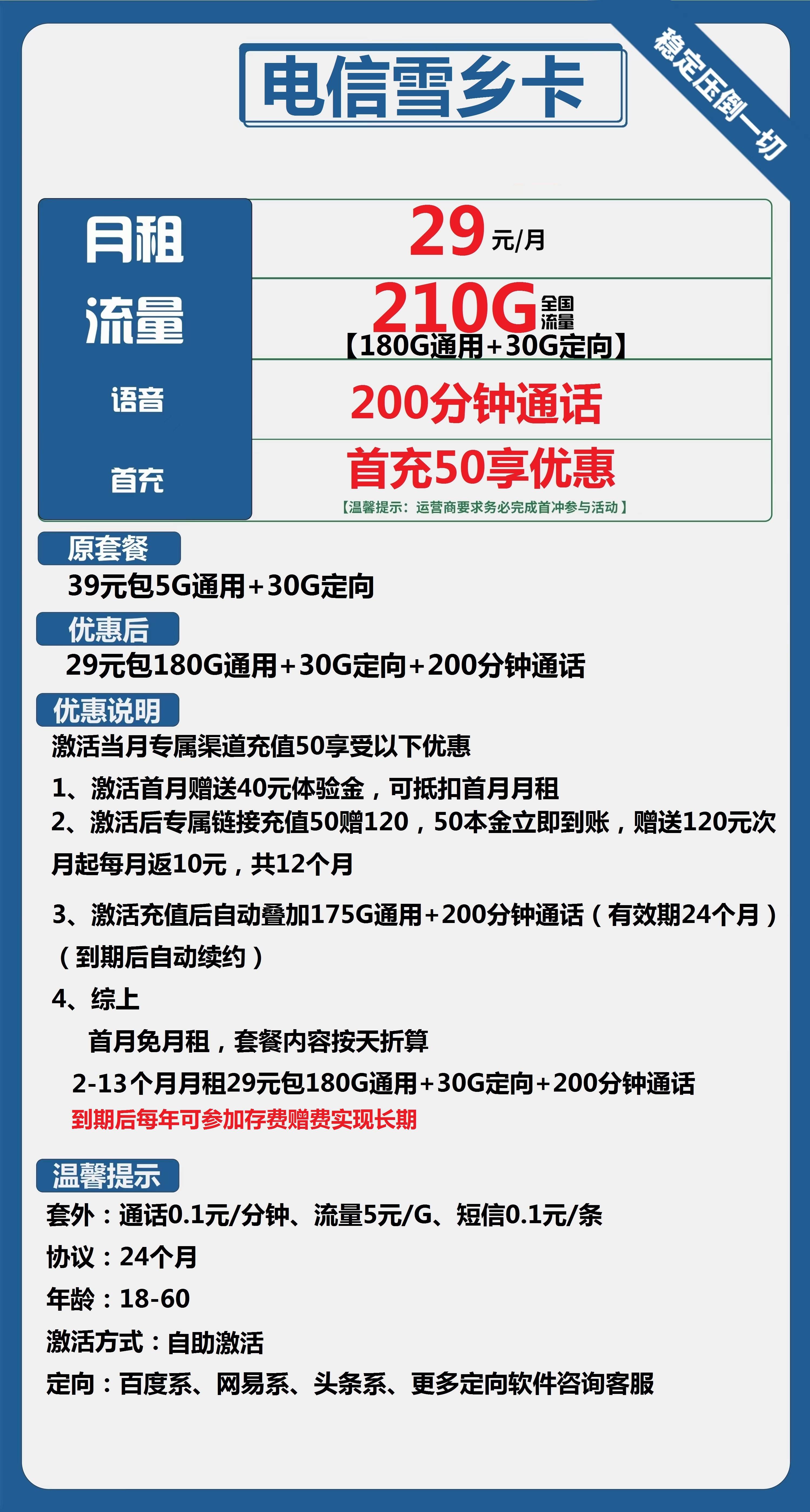 -1 【电信雪乡卡】29元/月享210G超大流量和200分钟通话!