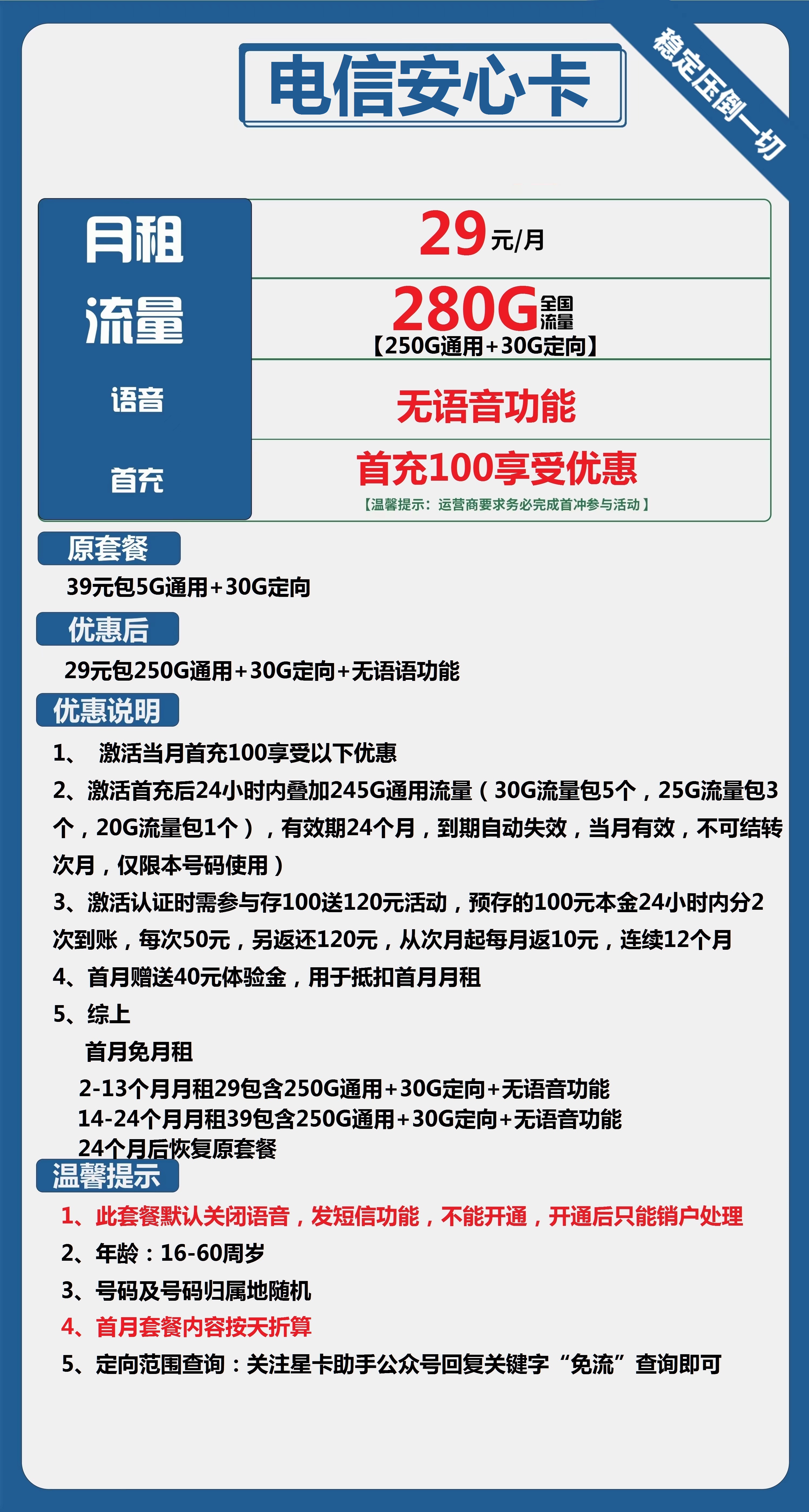 -1 【电信安心卡】29元/月享280G超级流量!专为数据服务设计