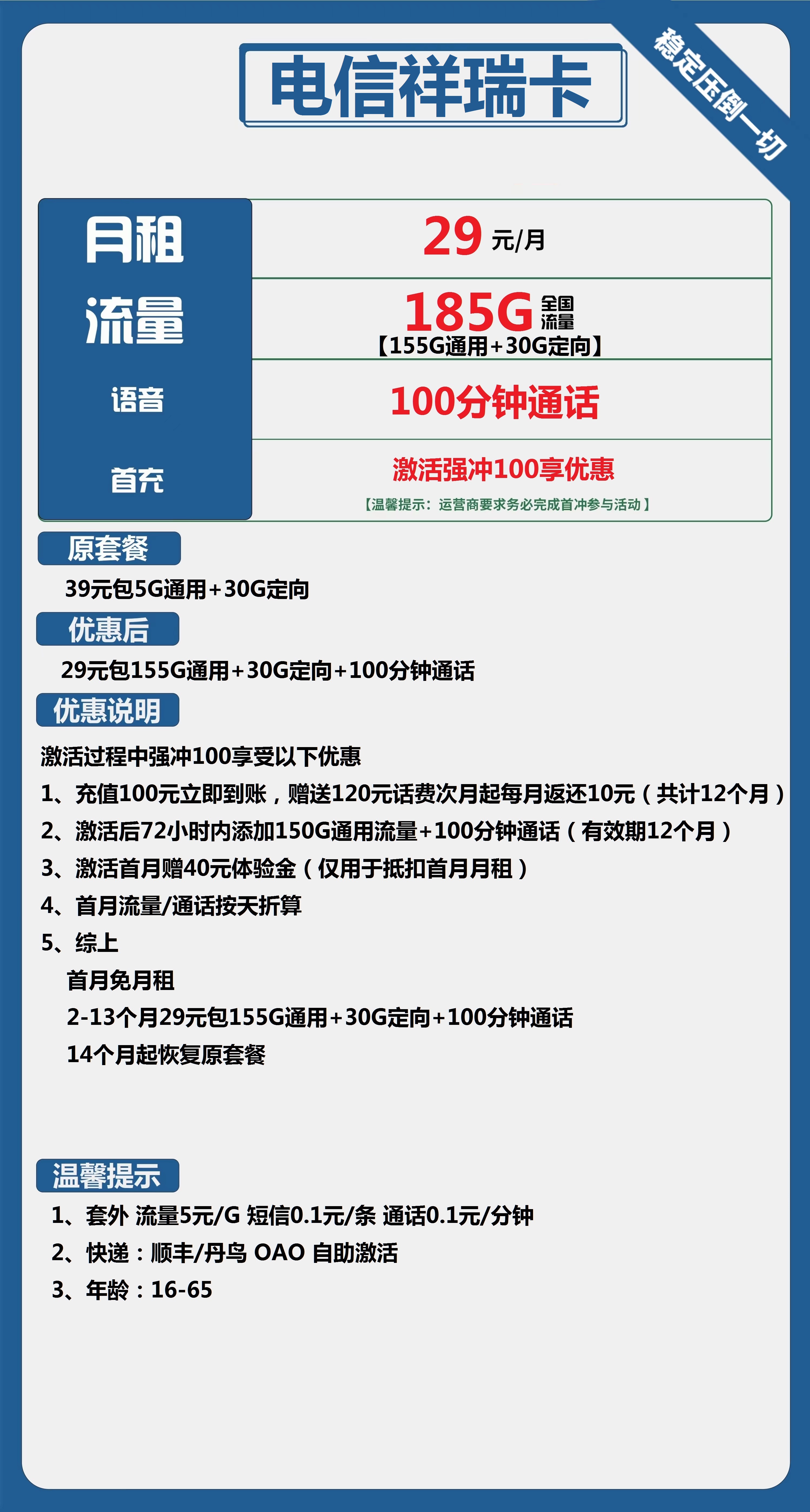-1 【电信祥瑞卡】仅29元/月!享185G大流量+100分钟通话
