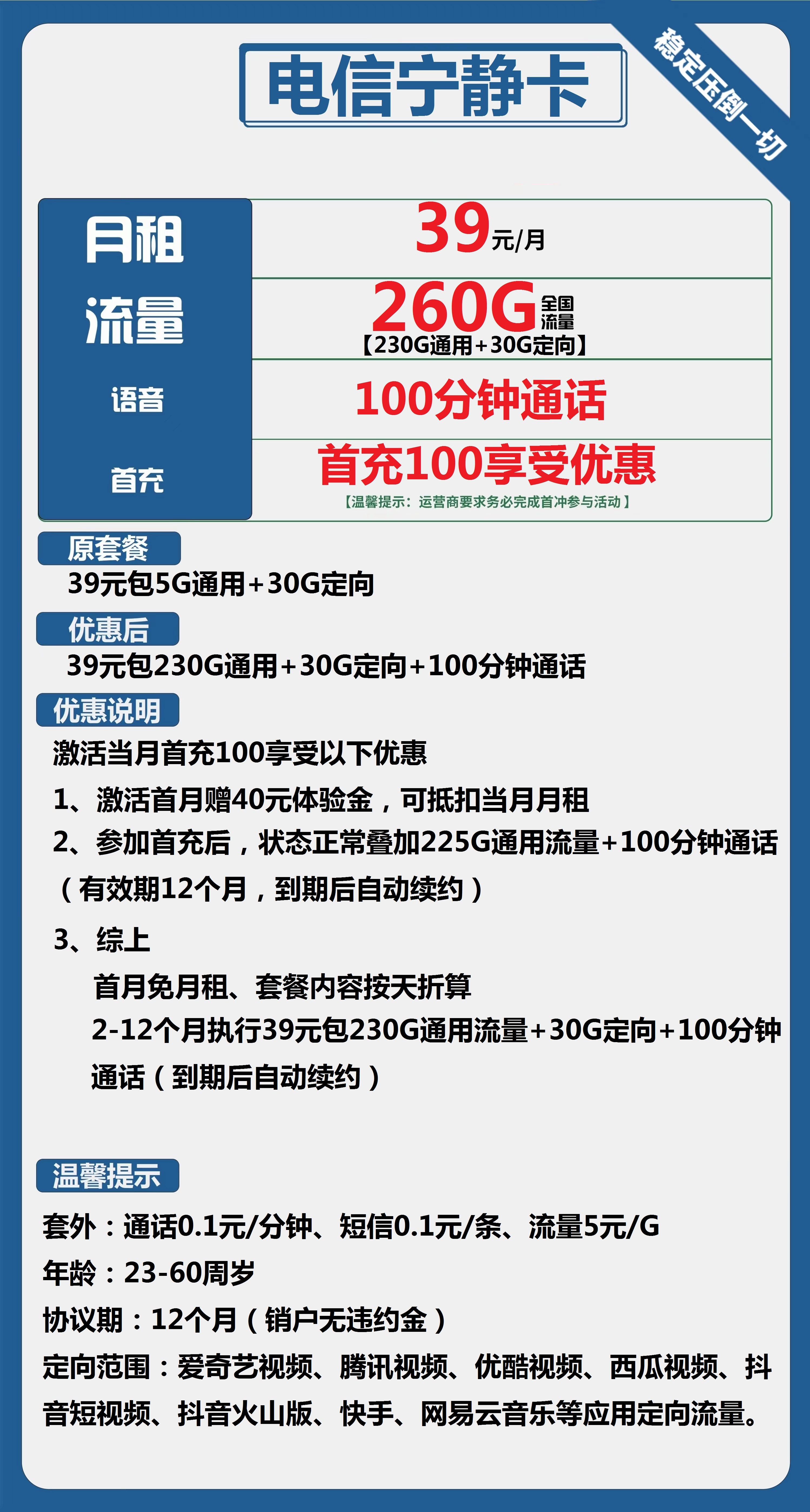 【电信宁静卡】39元/月!尊享260G超大流量与优惠通话-1 【电信宁静卡】39元/月!尊享260G超大流量与优惠通话
