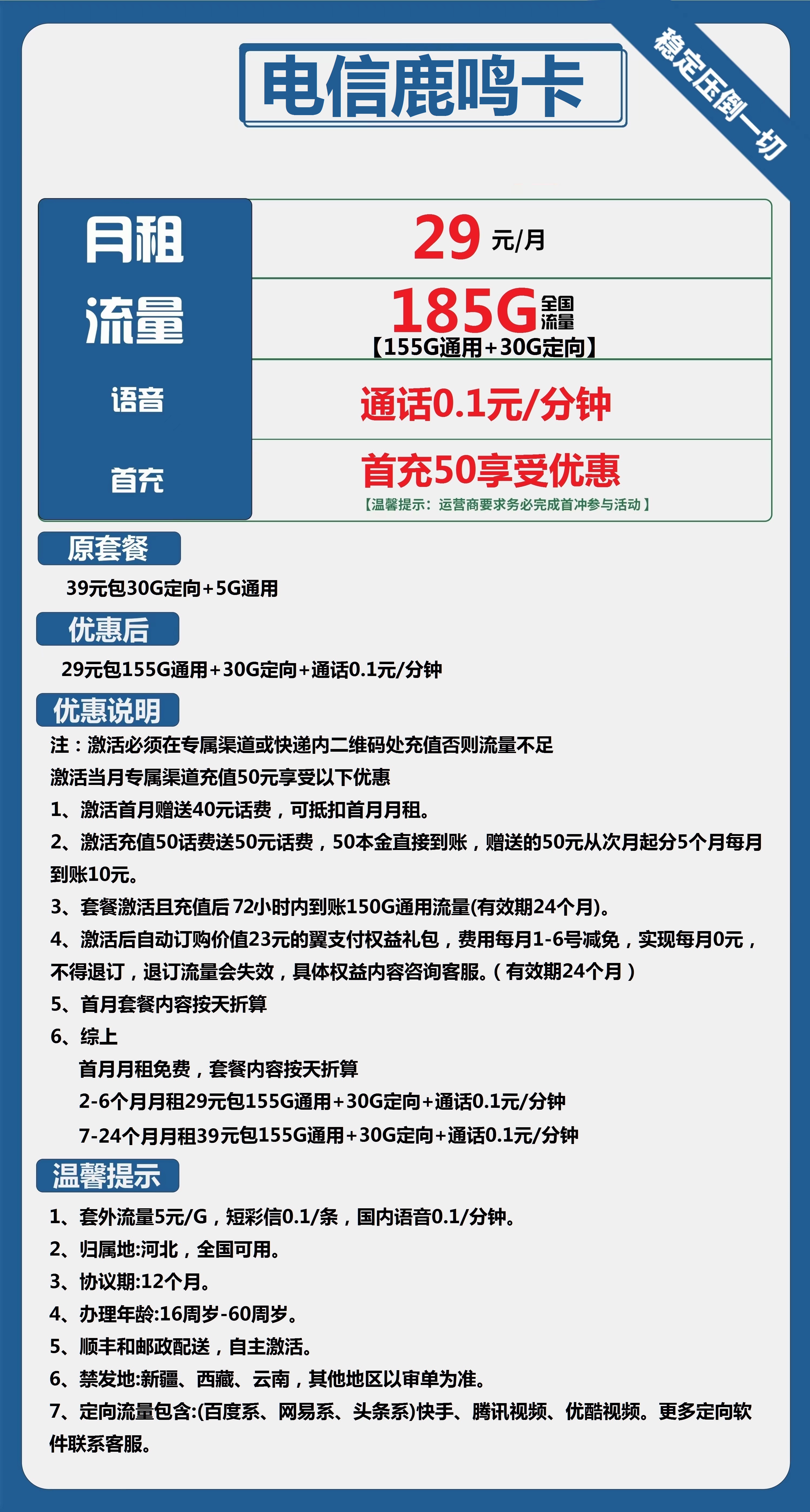 -1 【电信鹿鸣卡】29元/月享185G超大流量与低价通话!