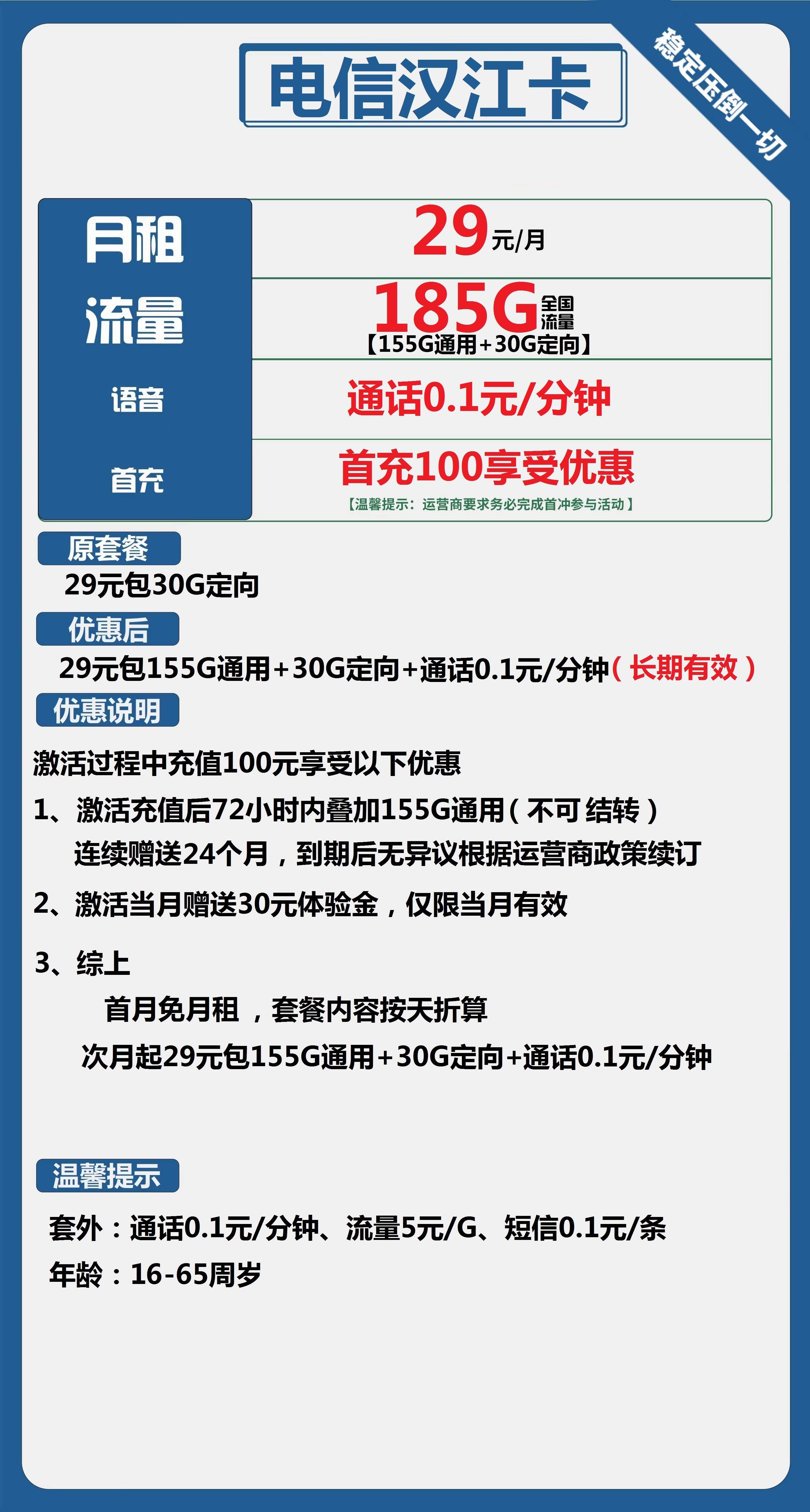 -1 【电信汉江卡】29元/月享受185G巨量流量+低价通话服务