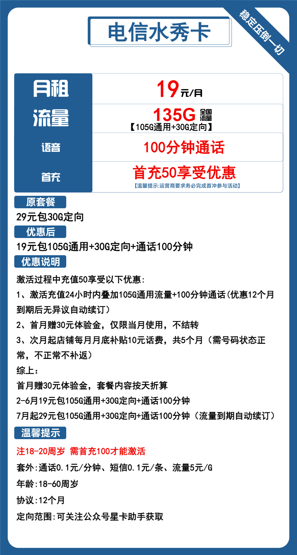 【电信水秀卡】首充50享受优惠：19元/月包135G流量+100分钟通话